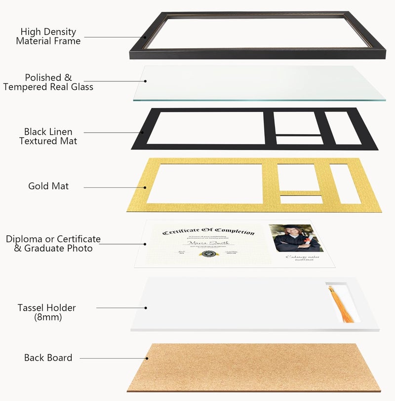 GiftMust 11x22 Diploma Frame with Tassel Holder, Graduate Frame for 8.5x11 Certificate Document and 4x6 Photo, Linen Texture Black over Gold Double Mats, HD Real Glass, Black with Gold Beads Embossing - Image 4